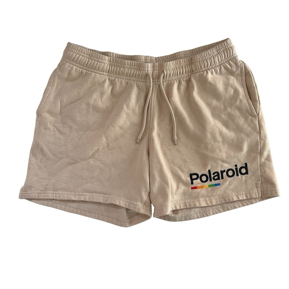 Polaroid Women's Size M Sweat Shorts Tan Beige Drawstring Athleisure Pocket